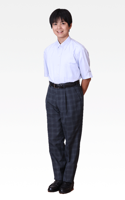 明法中学・高等学校の制服 男子用：半袖ワイシャツ（サックス）とスラックス（グレーチェック）