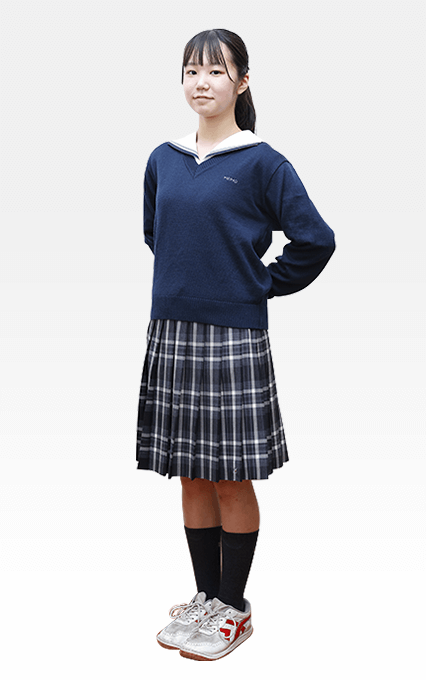 明法中学・高等学校の制服 女子用：オプションセーター（青碧）とチェックスカート