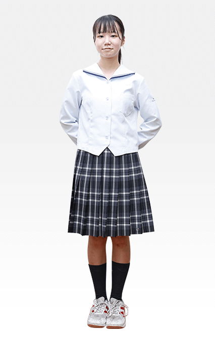 明法中学・高等学校の制服 女子用：長袖ブラウス（サックス）とチェックスカート