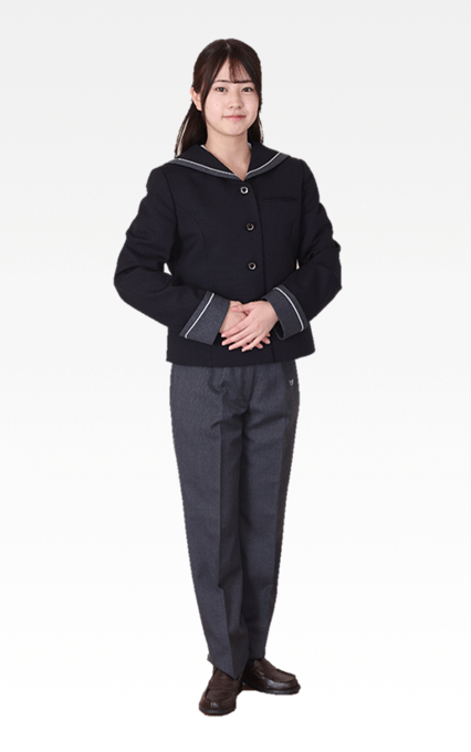 明法中学・高等学校の制服 女子用：正装（セーラージャケットとスラックス（グレー））