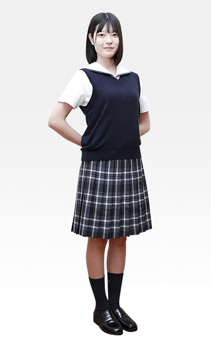 明法中学・高等学校の制服 女子用：半袖ブラウス（白）とオプションベスト（紺）