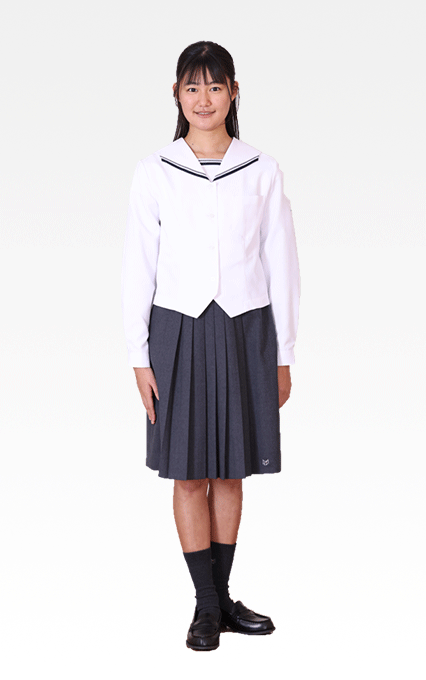 明法中学・高等学校の制服 女子用：長袖ブラウス（白）とスカート（グレー）