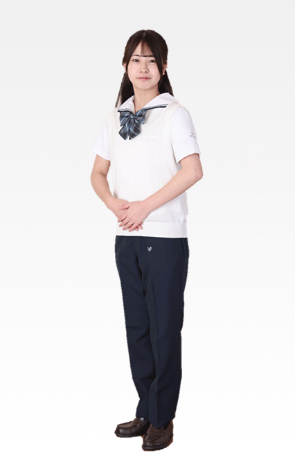 明法中学・高等学校の制服 女子用：半袖ブラウス（白）とベスト（白）とリボン（青碧×グレーストライプ）とスラックス（青碧）