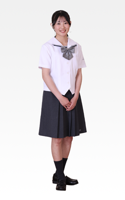 明法中学・高等学校の制服 女子用：半袖ブラウス（白）とベスト（白）とリボン（グレー）とスカート（青碧）