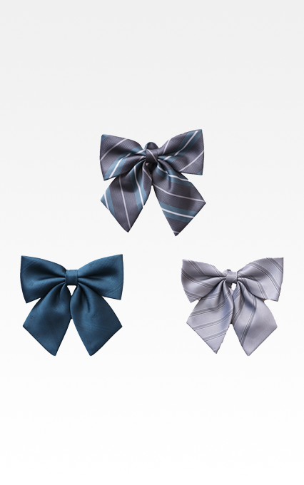 明法中学・高等学校の制服 女子用：リボン 上（ストライプ）、右下（グレー）、左下（青碧